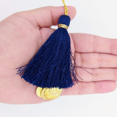 Navy Blue Tassels Latkan With Metal Coins, Indian Latkans, Blue Handmade Sewing Latkans